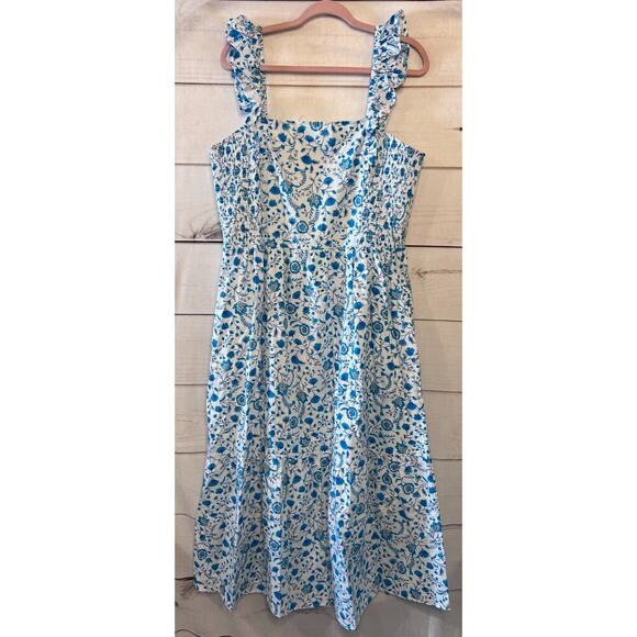 Draper James Dresses & Skirts - Draper James Floral Print Smocked Side Midi Blue White Flutter Strap Dress XXL